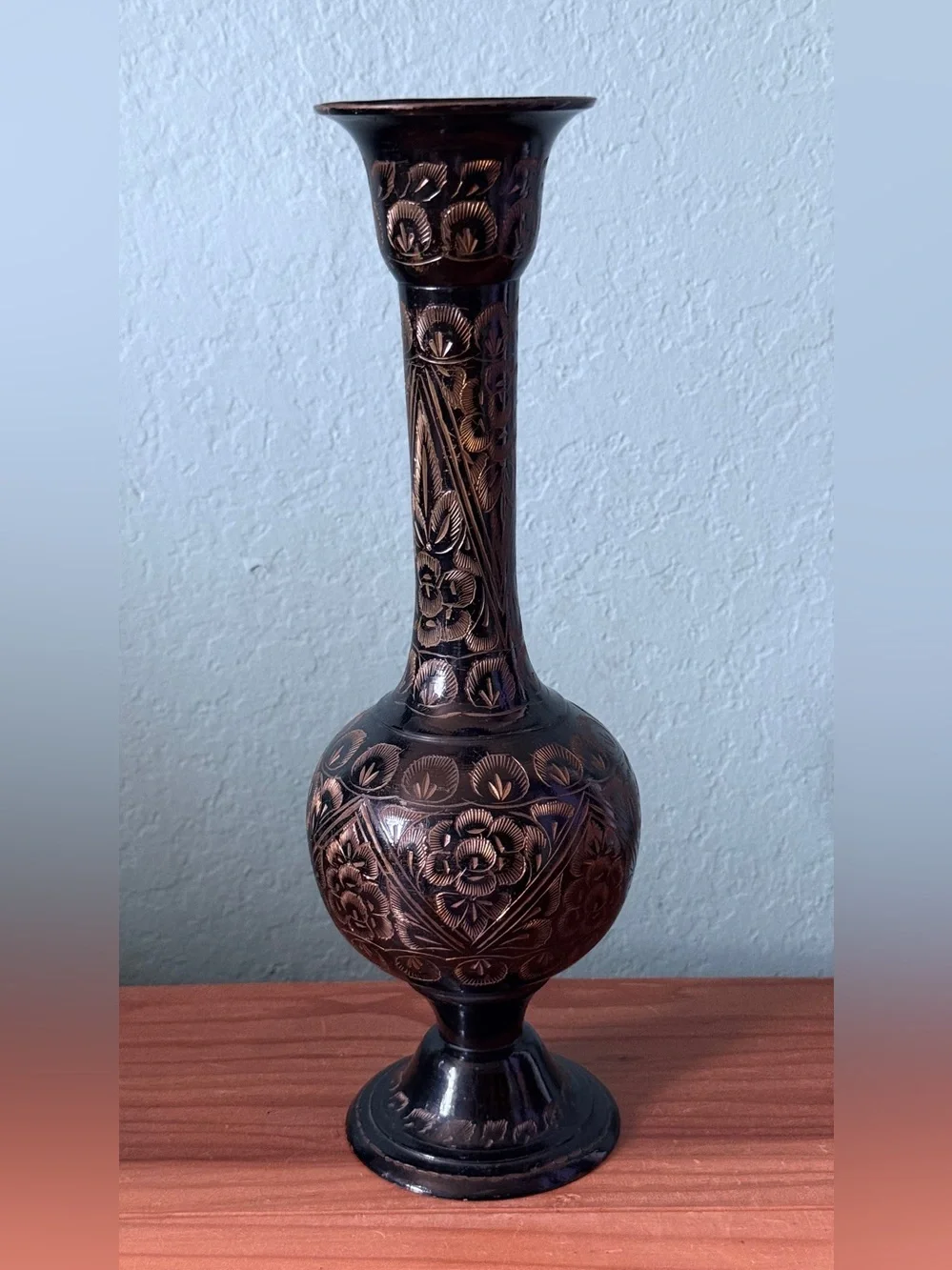 Vintage India Engraved Metal Vase Floral Etched Black Brass 11.5”